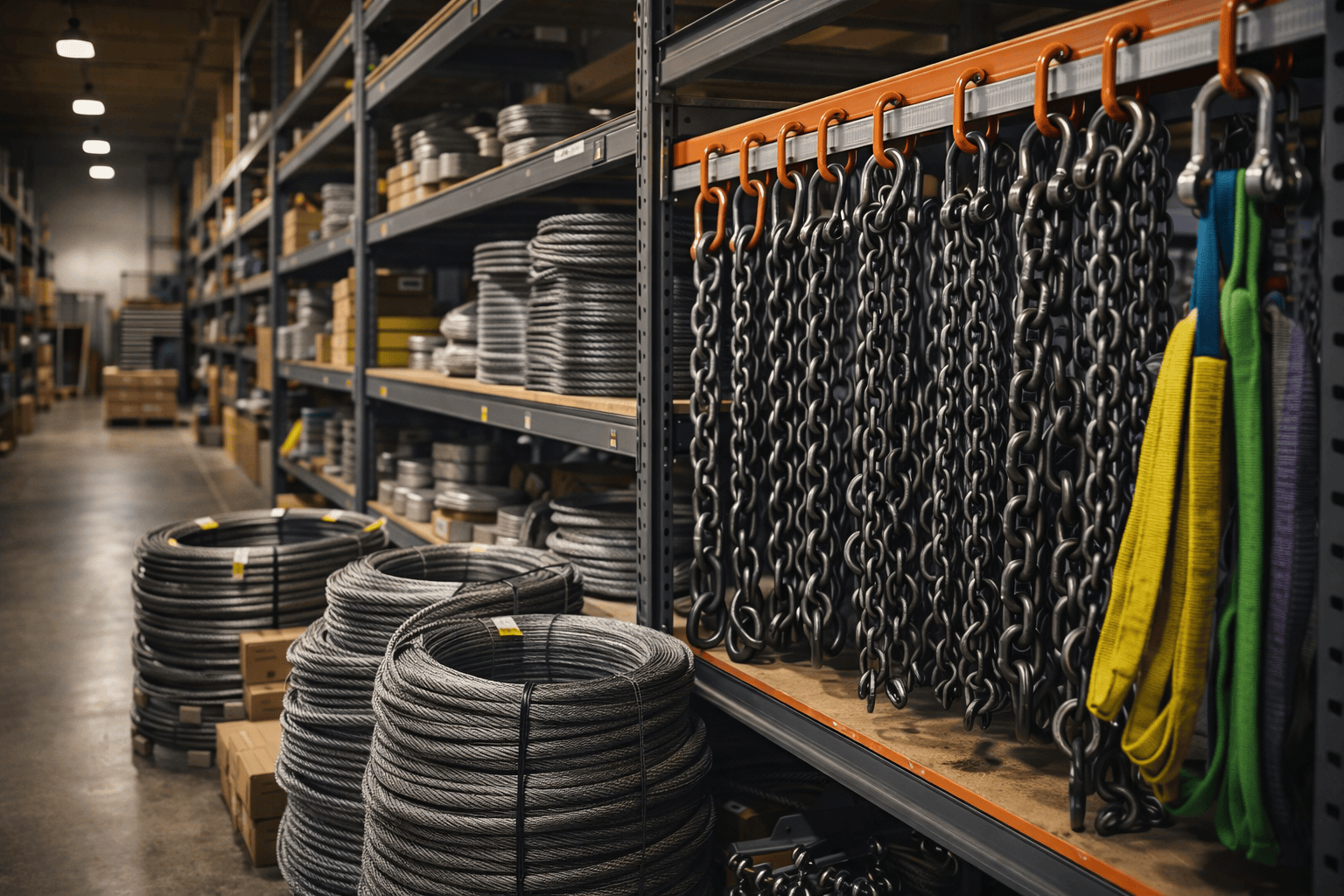 Steel cable, chains, and rigging equipment in industrial warehouse setting