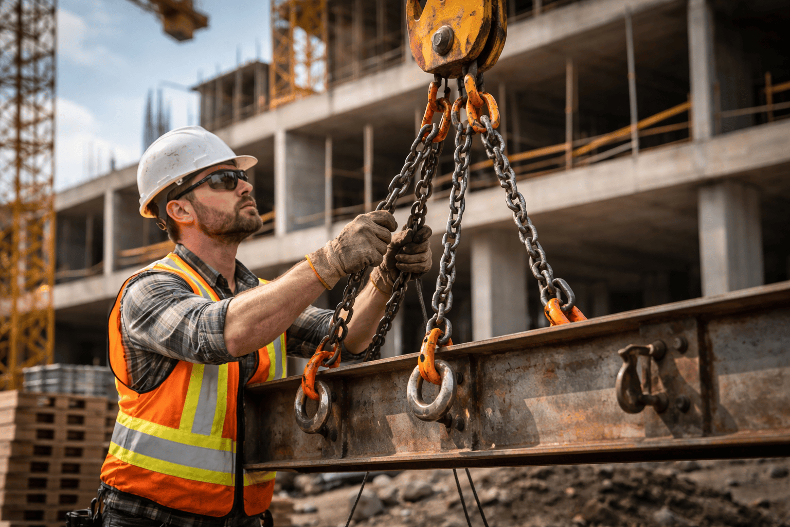 Construction worker using chain slings and rigging equipment on jobsite