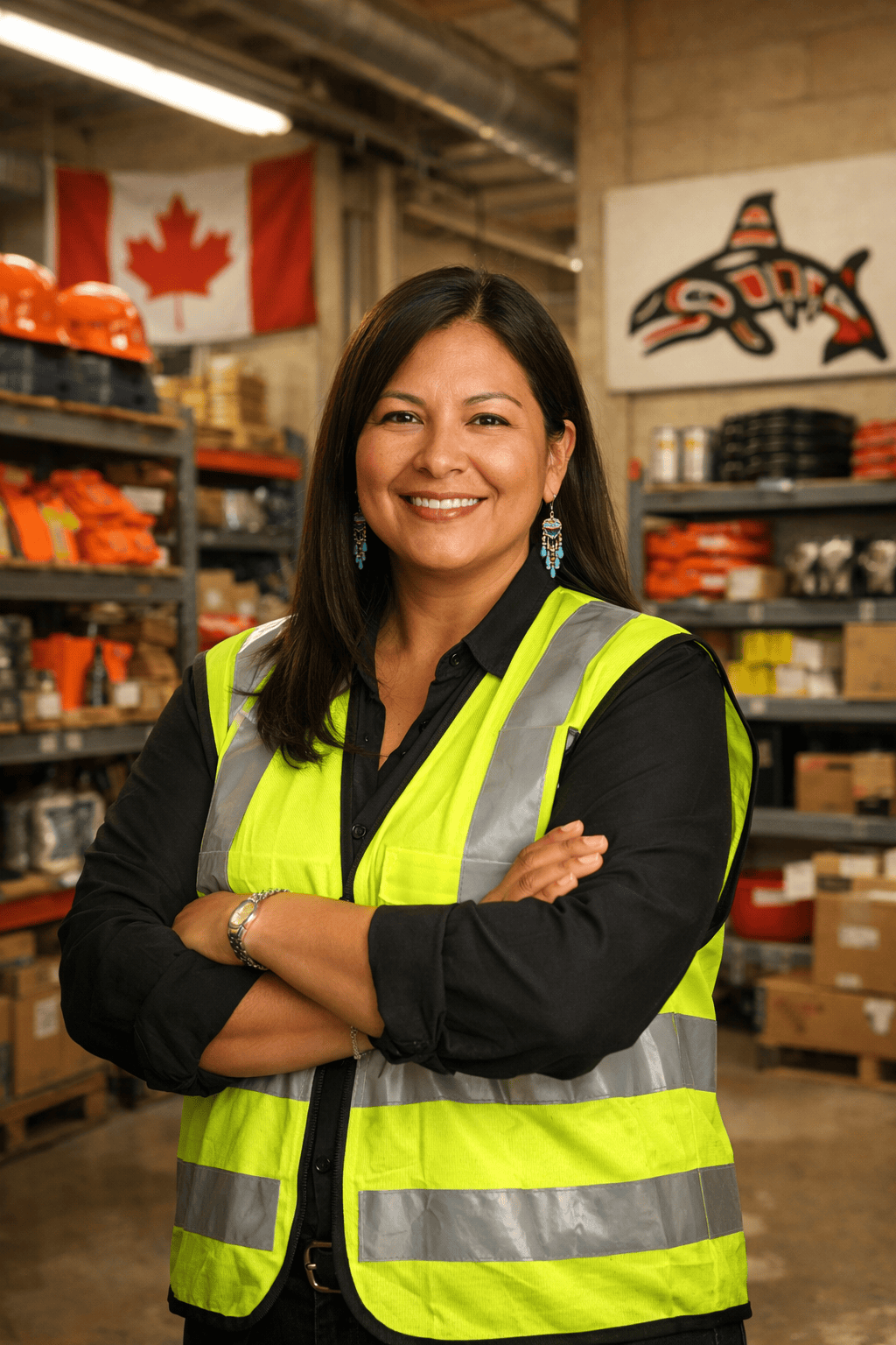 Indigenous business owner with industrial supplies